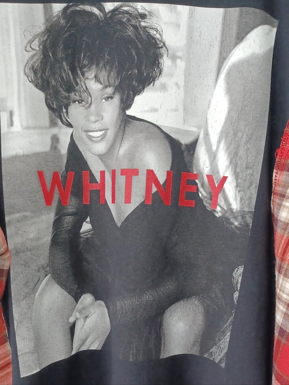 Upcycled Whitney Houston Graphic T-shirt with Red Plaid Sleeves - Picture 6 of 10